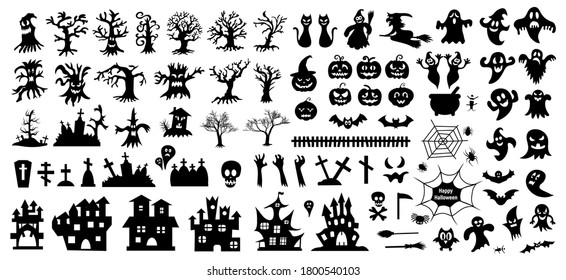 Set of silhouettes of Halloween on a white background. Vector illustration	