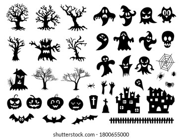 Set of silhouettes of Halloween on a white background. Vector illustration	