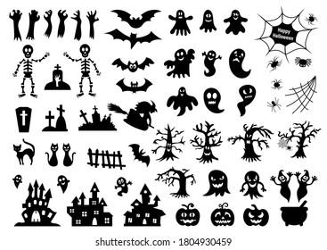 Set of silhouettes of Halloween on a white background. Vector illustration	