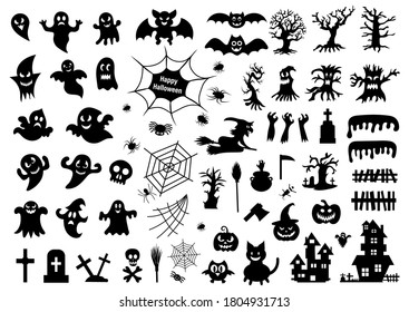Set of silhouettes of Halloween on a white background. Vector illustration