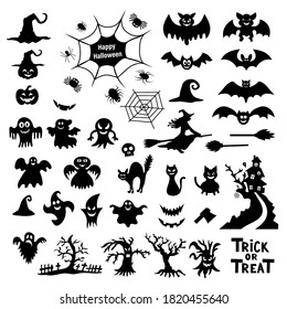 Set of silhouettes of Halloween on a white background. Vector illustration.