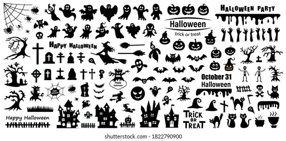 Set of silhouettes of Halloween on a white background. Vector illustration.	