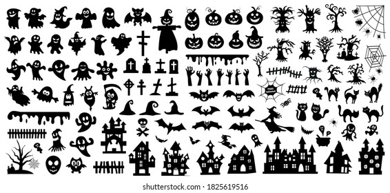 Set of silhouettes of Halloween on a white background. Vector illustration