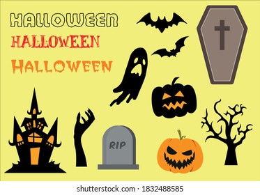Set of silhouettes of Halloween on a white background. Vector illustration