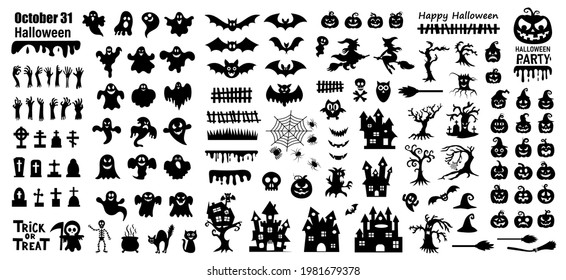 Set of silhouettes of Halloween on a white background. Vector illustration