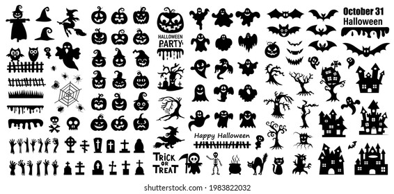 Set of silhouettes of Halloween on a white background. Vector illustration	