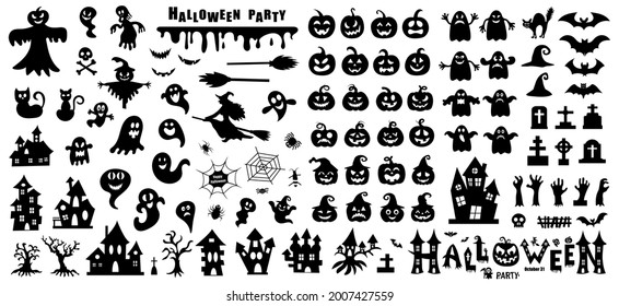 Set of silhouettes of Halloween on a white background. Vector illustration