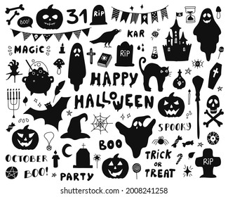 A set of silhouettes for Halloween on a white background. Vector illustration with characters, decor of postcards, flyers, posters