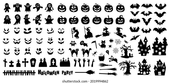 Set of silhouettes of Halloween on a white background. Vector illustration