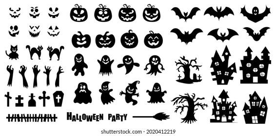Set of silhouettes of Halloween on a white background. Vector illustration