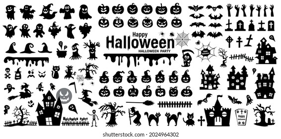 Set of silhouettes of Halloween on a white background. Vector illustration.	