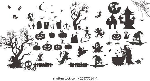 Set of silhouettes of Halloween on a white background. Vector