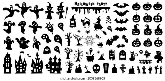 Set of silhouettes of Halloween on a white background. Vector illustration.	