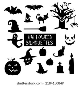 Set of silhouettes of Halloween on a white background. Vector illustration