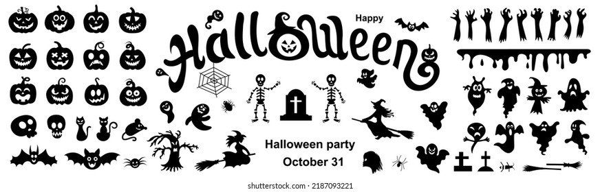 Set of silhouettes of Halloween on a white background. Vector illustration.