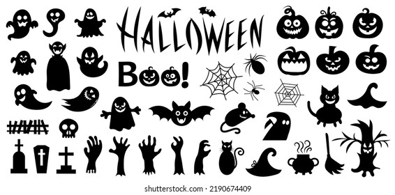 Set of silhouettes of Halloween on a white background. Vector illustration.