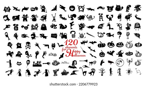 Set of silhouettes of Halloween on a white background. Happy Halloween. Vector illustration