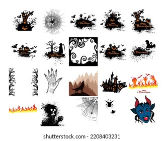 Set of silhouettes of Halloween on a white background. Happy Halloween. Vector illustration