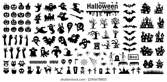 Set of silhouettes of Halloween on a white background. Vector illustration	