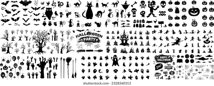 Set of silhouettes of Halloween on a white background. Vector illustration