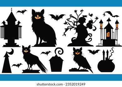 Set of silhouettes of Halloween on a white background. Vector illustration