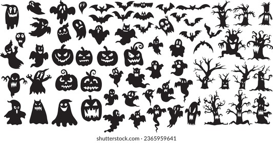 Set of silhouettes of Halloween on a white background. Vector illustration