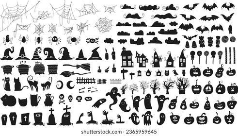 Set of silhouettes of Halloween on a white background. Vector illustration