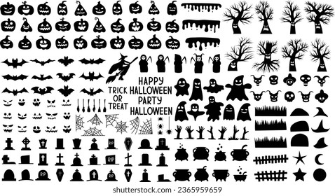 Set of silhouettes of Halloween on a white background. Vector illustration
