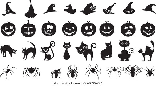 Set of silhouettes of Halloween on a white background. Vector illustration
