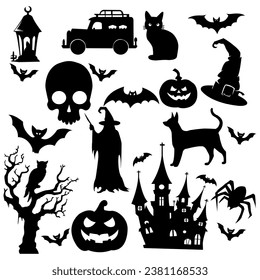 set of silhouettes of Halloween on a white background. Vector illustration.
