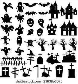Set of silhouettes of Halloween on a white background. Vector illustration
