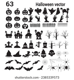 Set of silhouettes of Halloween on a white background, Big set of Halloweens silhouettes black icon and character. Design of witch, creepy and spooky elements for Halloweens decorations, sketch, icon.