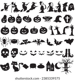 Set of silhouettes of Halloween on a white background, Big set of Halloweens silhouettes black icon and character. Design of witch, creepy and spooky elements for Halloweens decorations, sketch, icon.