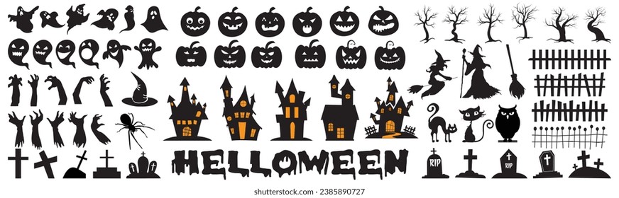 Set of silhouettes of Halloween on a white background. Vector illustration