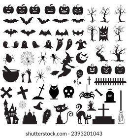 Set of silhouettes of Halloween on a white background. Vector illustration