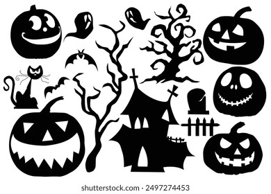 Conjunto de siluetas de Halloween sobre fondo blanco. Plantilla y decoración. Ilustración vectorial. Festiva Halloween. Cementerio y árboles rotos. Ilustración vectorial