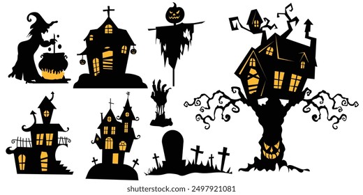 Set of silhouettes of Halloween on a white background. template and decoration. Vector illustration.