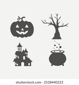 Set of silhouettes of Halloween on a white background. Pumpkin, scary tree, castle, house, witch cauldron potion decoration. Vector illustration.