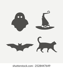 Set of silhouettes of Halloween on a white background. Ghost, witch hat, bat, cat decoration. Vector illustration.