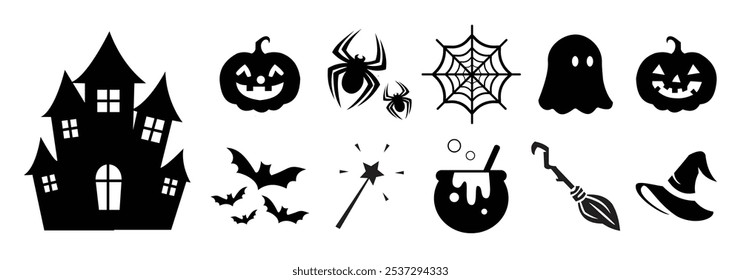 Set of silhouettes of Halloween on a white background. Vector illustration. Collection of Halloween silhouettes. Haunted house, flying witch, pumpkins, halloween ghost. 