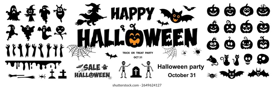 Set of silhouettes of Halloween on a white background. Vector illustration.