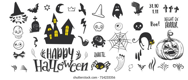 Set of silhouettes for Halloween party. Hand written greetings Happy Halloween. BAt, skull, cat, pumpkin, spider, bone, grave, ghost, cross, bird, star, Castle and overs