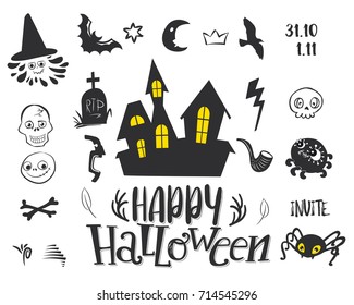 Set of silhouettes for Halloween party. Hand written greetings Happy Halloween. BAt, skull, cat, pumpkin, spider, bone, grave, ghost, cross, bird, star, Castle and overs