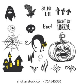 Set of silhouettes for Halloween party. Hand written greetings Happy Halloween. BAt, skull, cat, pumpkin, spider, bone, grave, ghost, cross, bird, star, Castle and overs