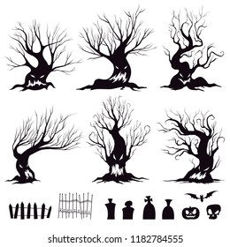 Set of silhouettes for halloween sinister trees, fences, graves, skull, pumpkin and bat. Vector illustration
