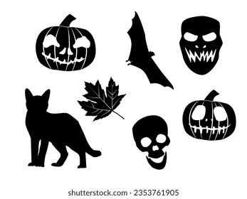 a set of silhouettes for Halloween. Skull, pumpkin, cat, bat