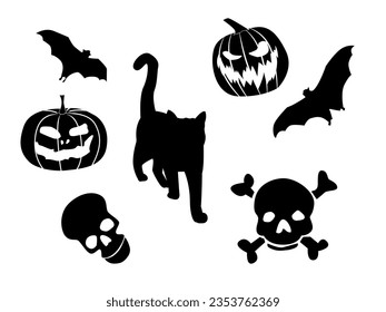 a set of silhouettes for Halloween. Skull, pumpkin, cat, bat