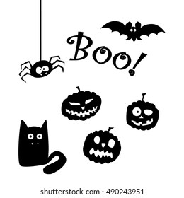Set of silhouettes for halloween. Vector halloween card. Black and white.