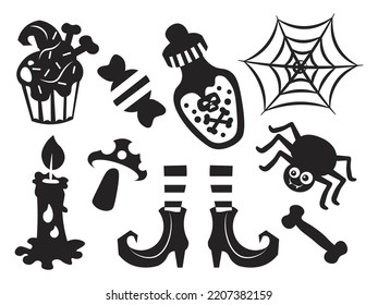 set of silhouettes halloween vector cobweb spider shoes candy