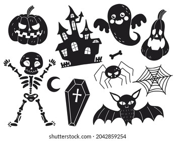 Set of silhouettes of Halloween. Vector illustration. Isolated on white background.